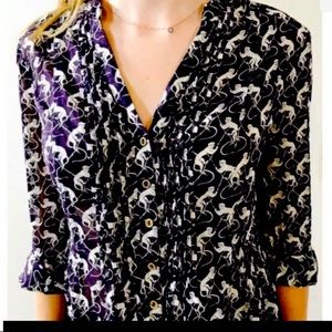 Maeve Anthropologie Womens Button Front Monkeys Print Semi Sheer Blouse Sz 8